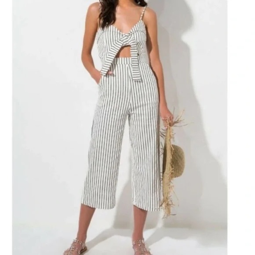 Main Strip White and Black Striped Tie-Front Jumpsuit